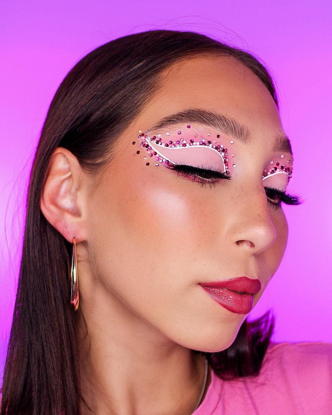 Pink and White Gemstone Makeup Look Asian