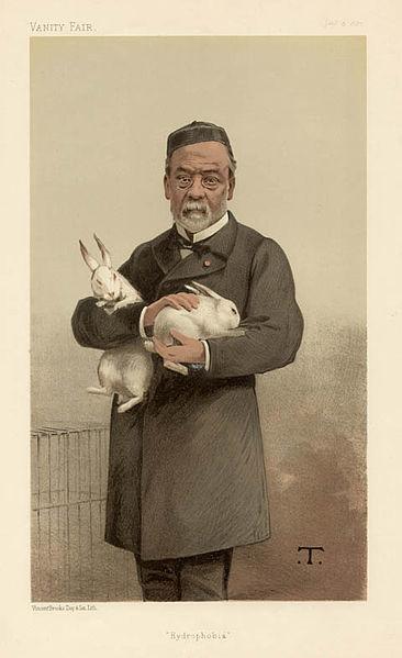 Louis Pasteur from a magazine illustration, holding white rabbits.
