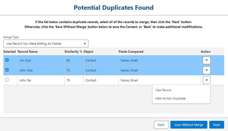 Detecting duplicate Contacts