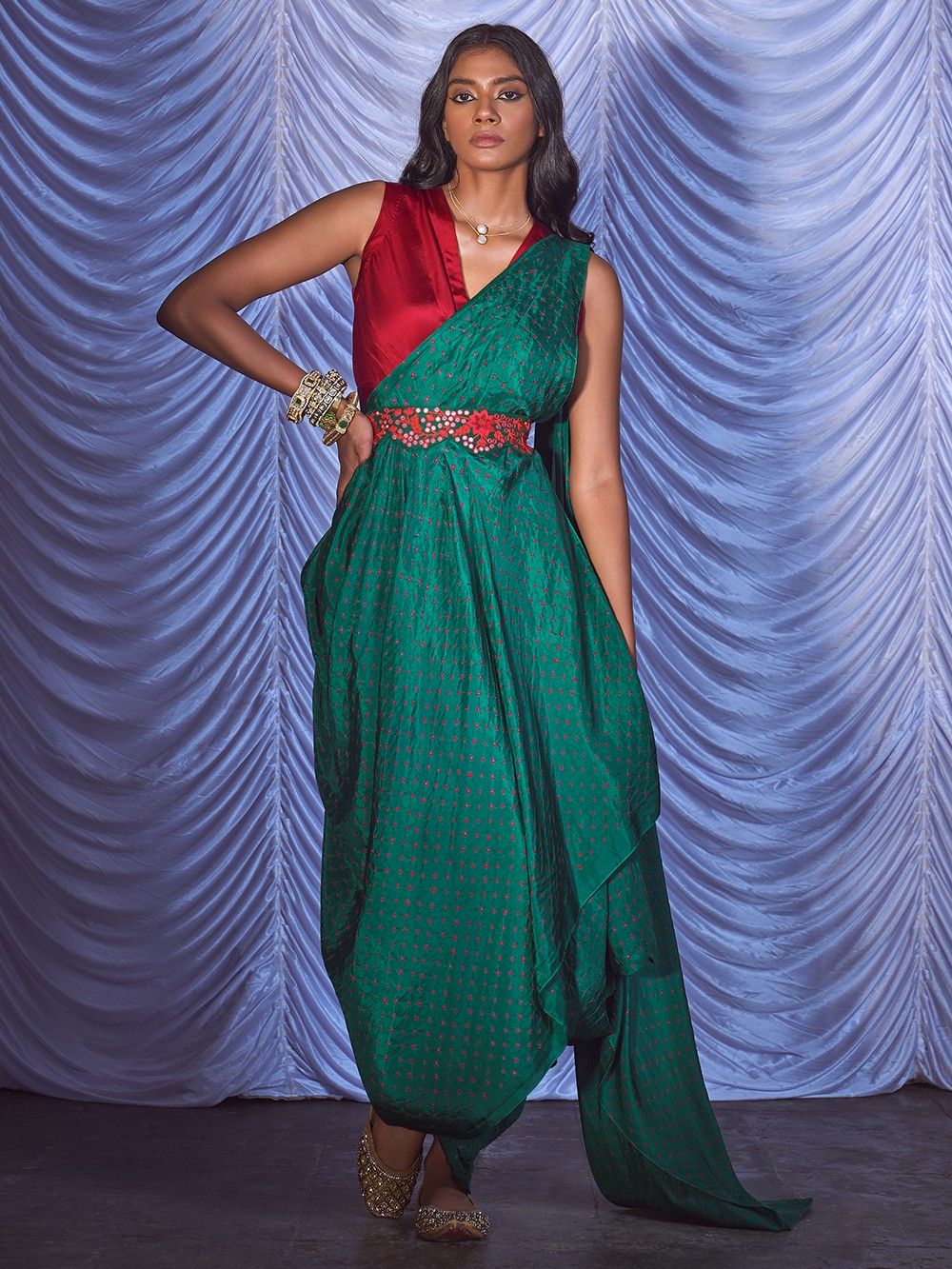 the loom - Green Bandhani Silk Draped Saree