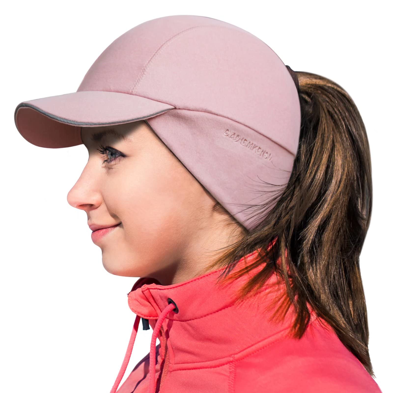 GADIEMKENSD Women's Winter Reflective Fleece Ponytail Hat with Drop Down Ear Warmer Pink