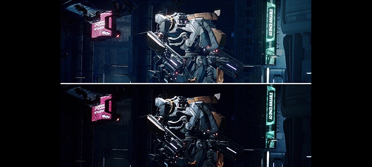 Split screen image of a robot in a futuristic city with image above showing how Black Equalizer gives extra detail in darkness