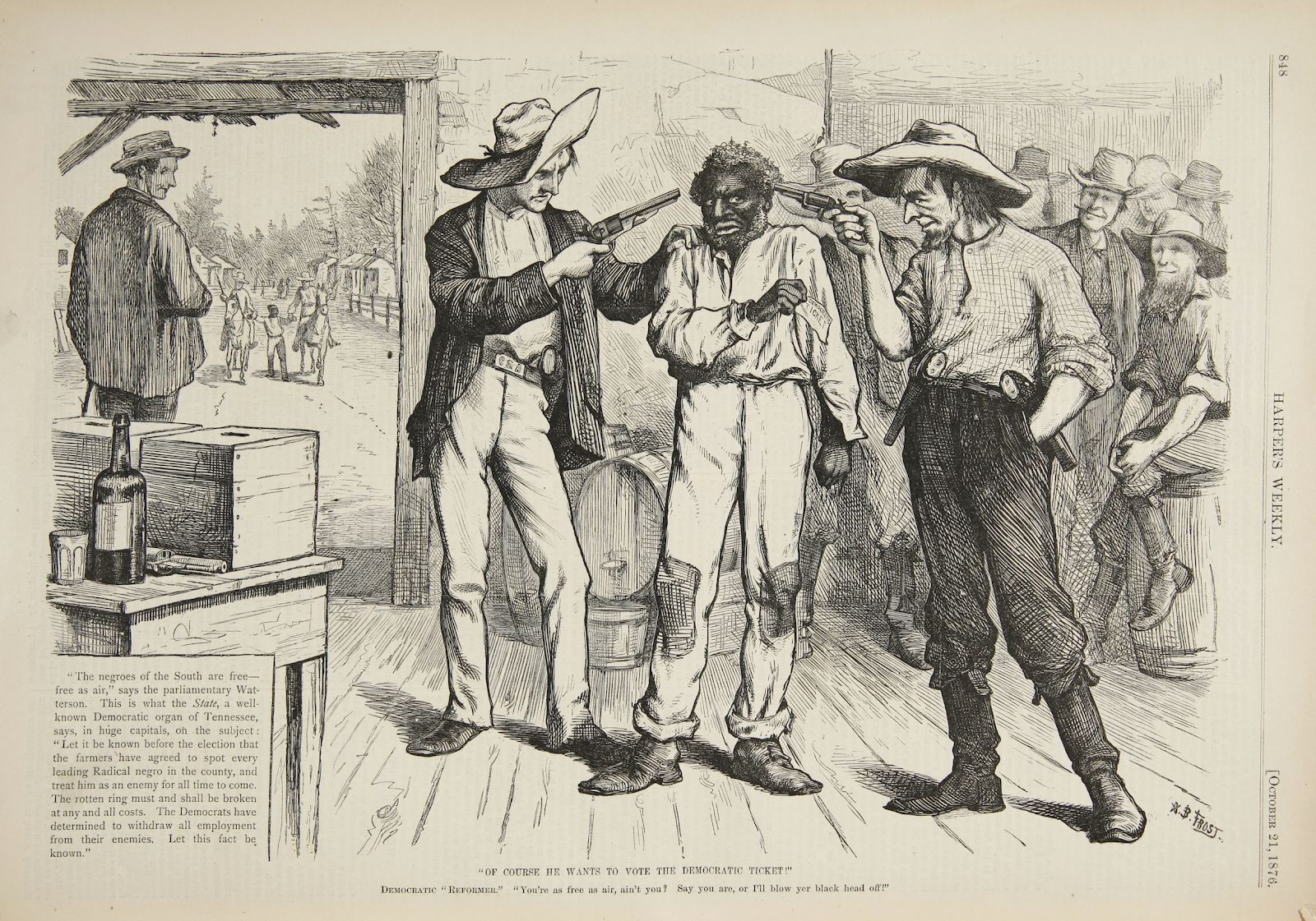 A Depiction of white supremacist intimidation of Black voters near the end of the Reconstruction-era South