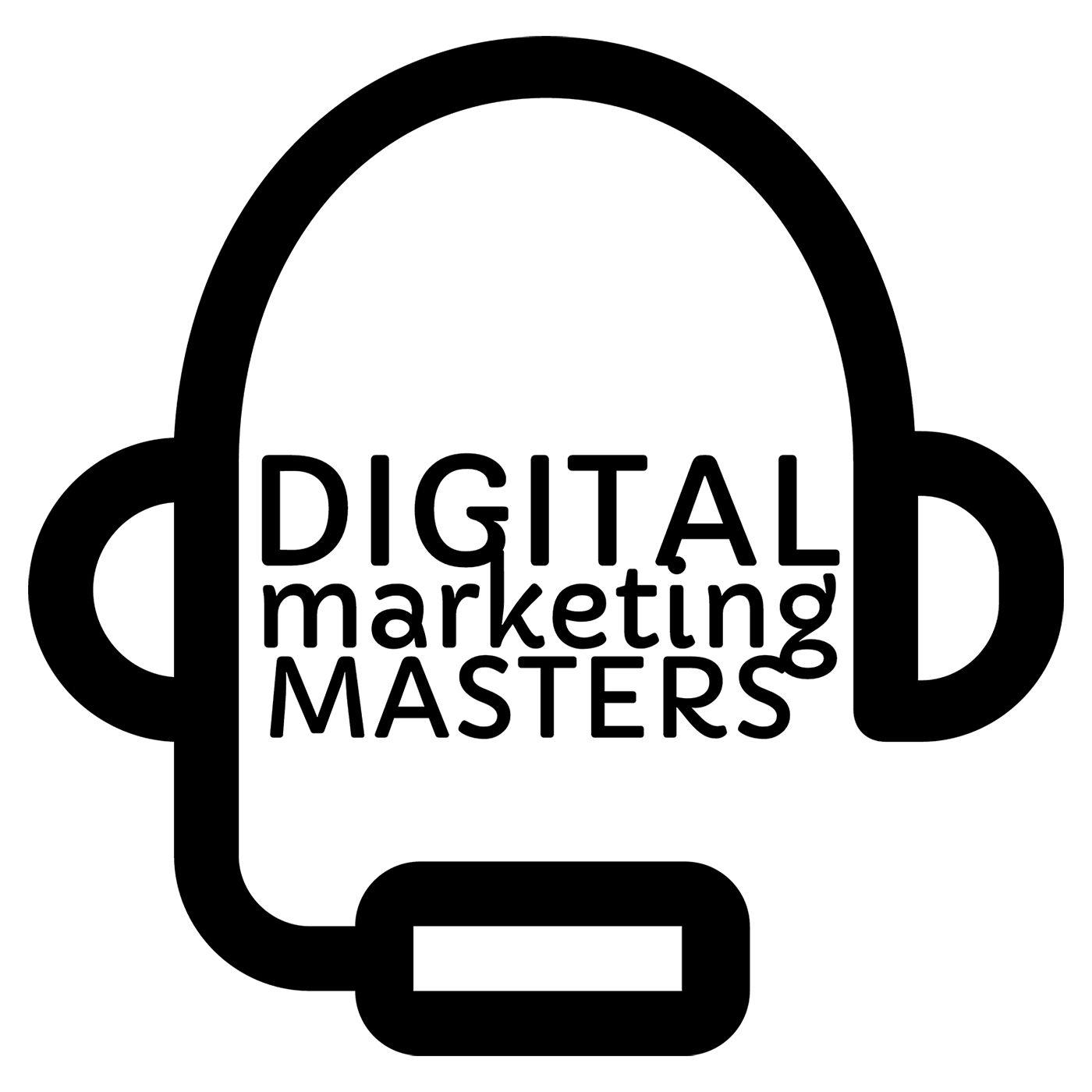 simplistic drawing of a headphone set with a mic. Overlay text Digital marketing Masters.