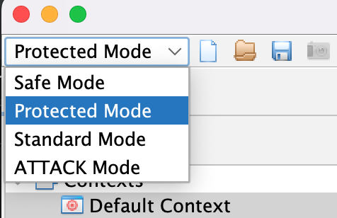 The OWASP ZAP desktop app with the Mode dropdown open, and Protected Mode highlighted.