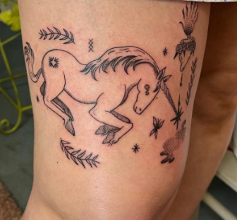 A Wonderful Unicorn On A Thigh Tattoo