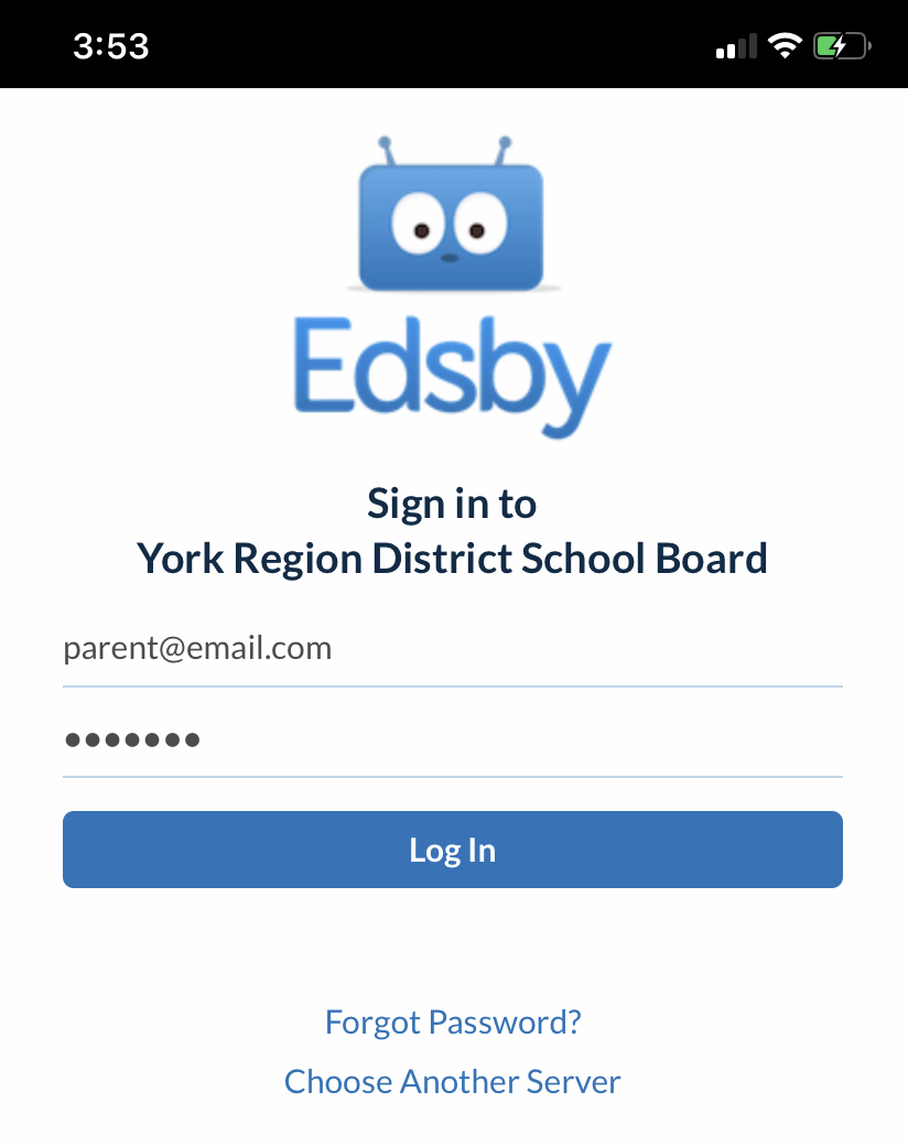 The mobile Edsby login page is shown with a blue login button.