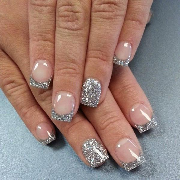 Close up look of the sparkly french nail deign