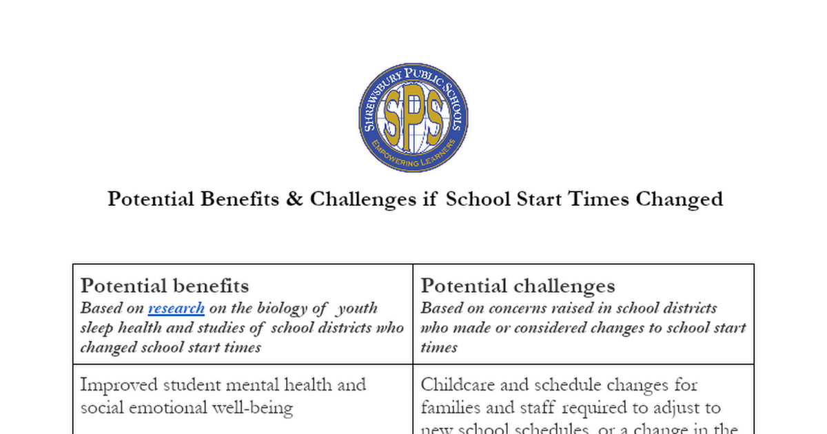 Benefits & Challenges Changes in Start Times