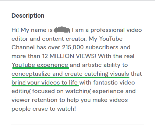 fiverr profile description example 2 - video editing