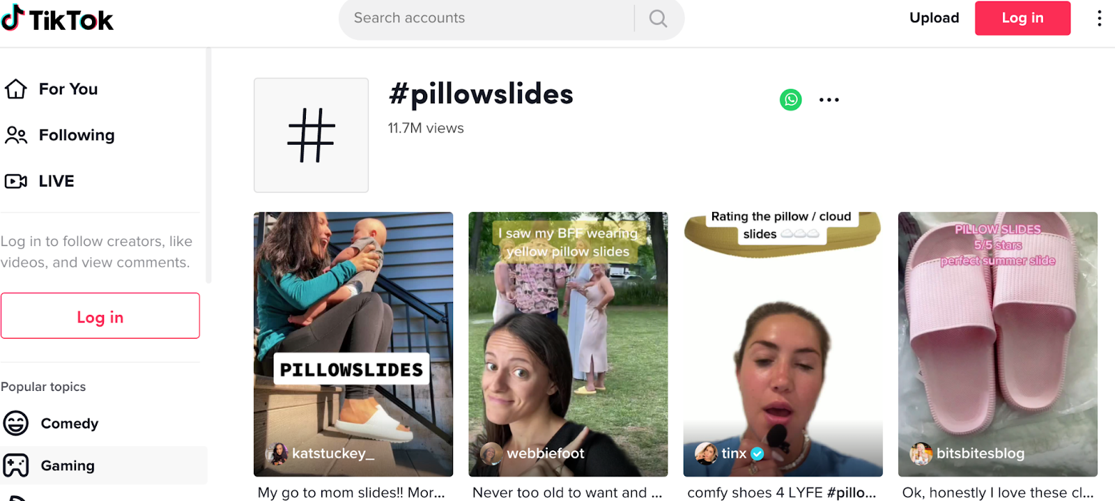 screenshot of tiktok page for pillow slides