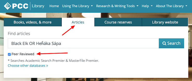 Screenshot of library search box with the articles tab selected and the peer reviewed box checked