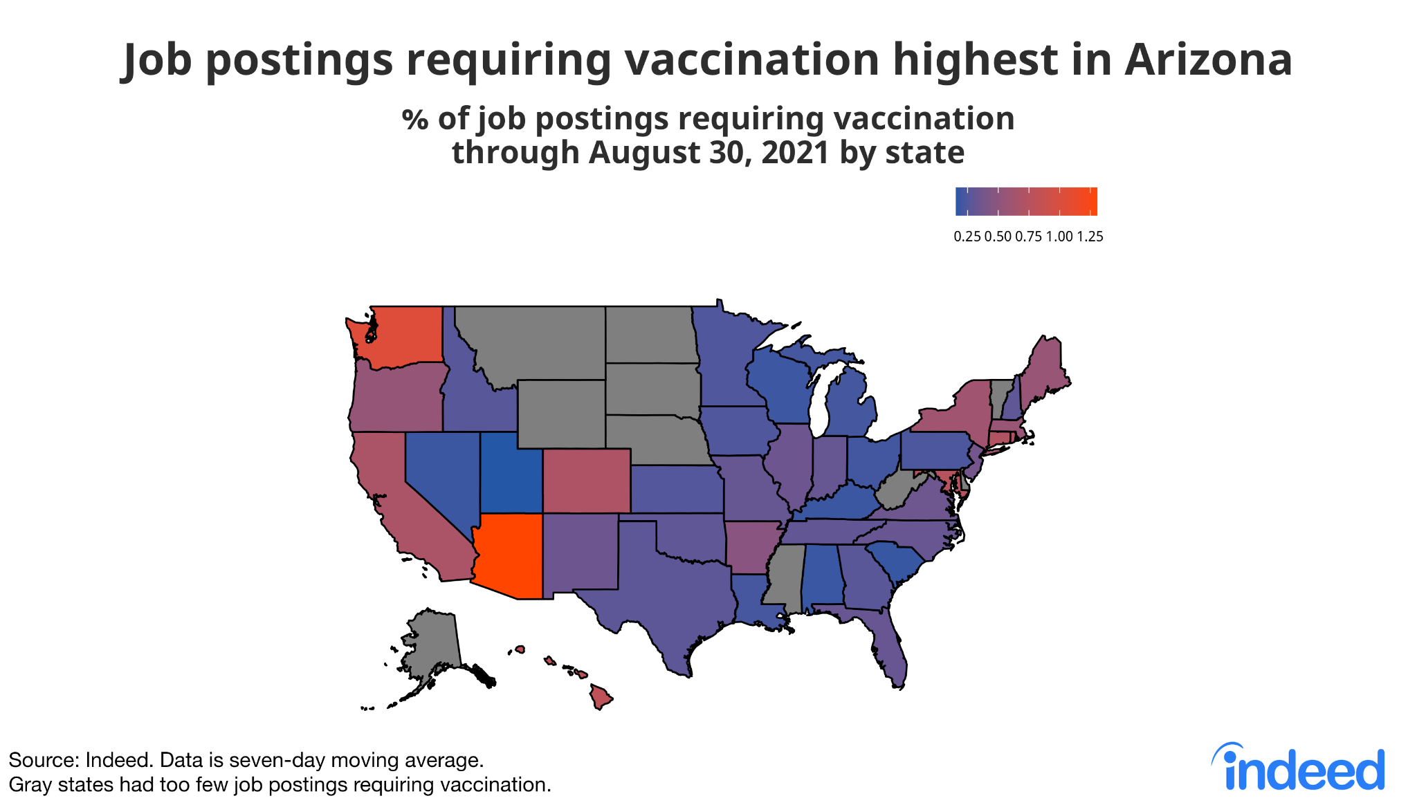 Map of the United States titled “Job postings requiring vaccination highest in Arizona.”