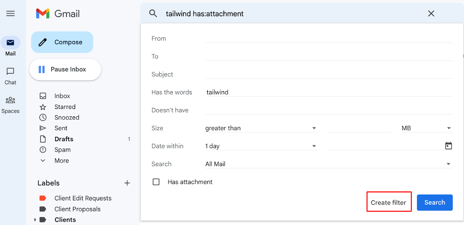 How to create Gmail rules: Click on the icon at the right side of the search bar to enter specific parameters.