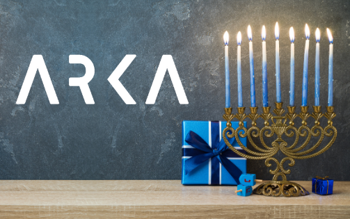Hanukkah at Arka with packaging design with a Menora and presents.