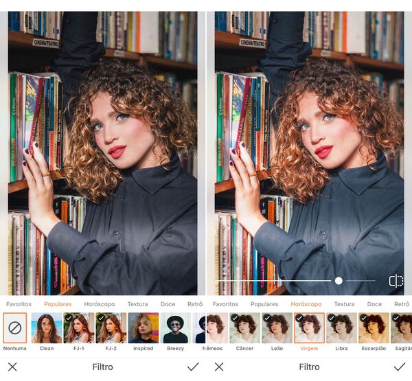 Foto de uma mulher de cabelo enrolado, na livraria, sendo editada pelo AirBrush