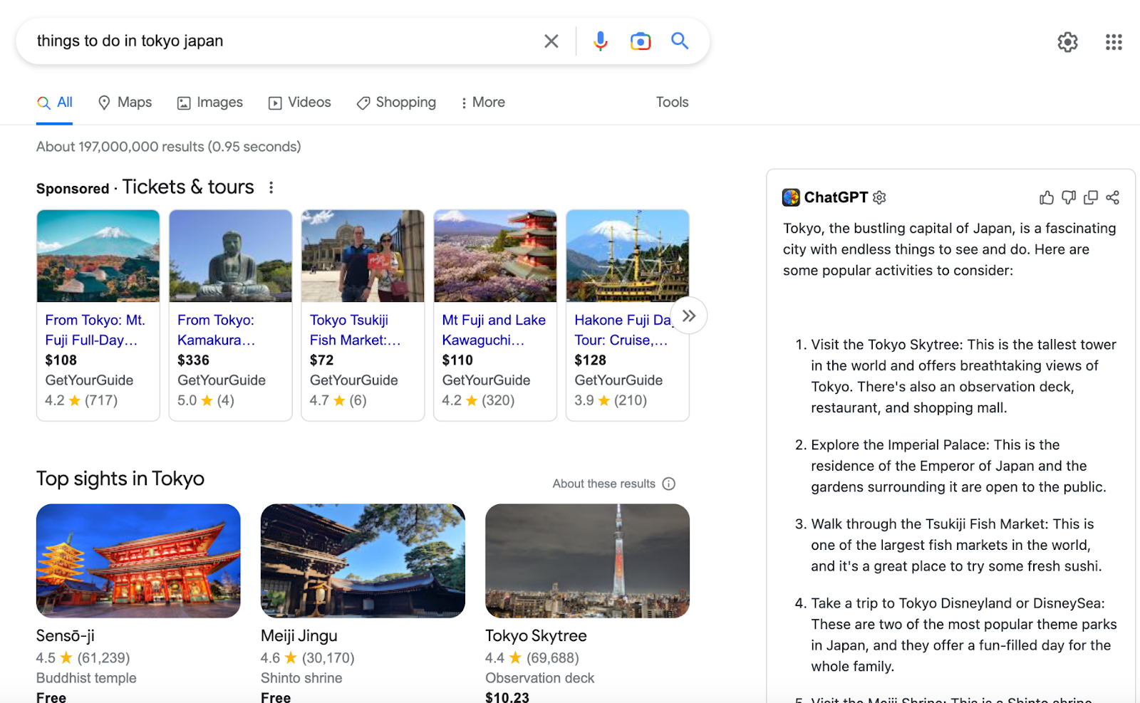 A Google Search results page also featuring results from ChatGPT Chrome extension "ChatGPT for Google" on the right-hand side 