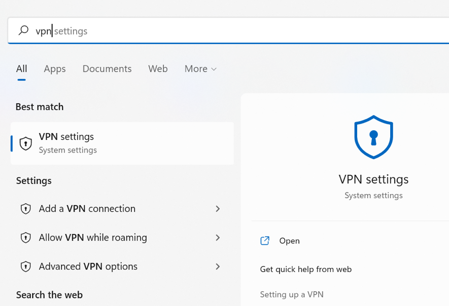 A screenshot of the Windows interface showing a user searching with the keywords 'VPN settings.'