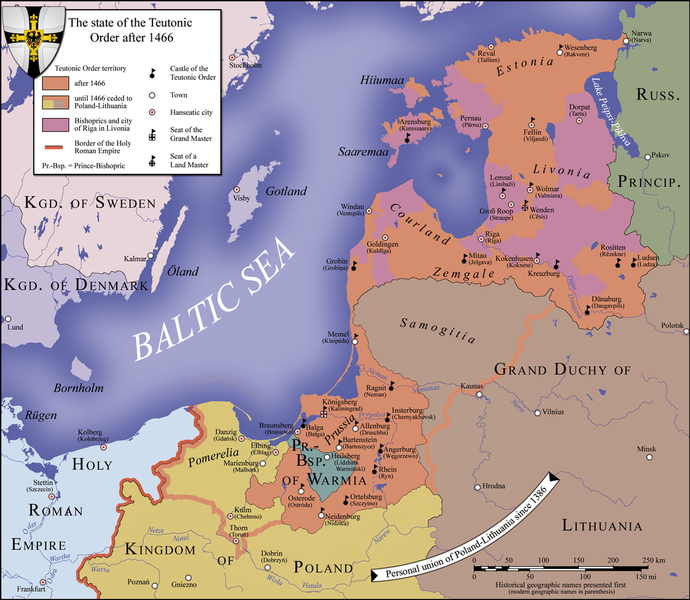 Map of the lands controlled by the Teutonic Knights in 1466 in northern Europe on the southern shores of the Baltic Sea.