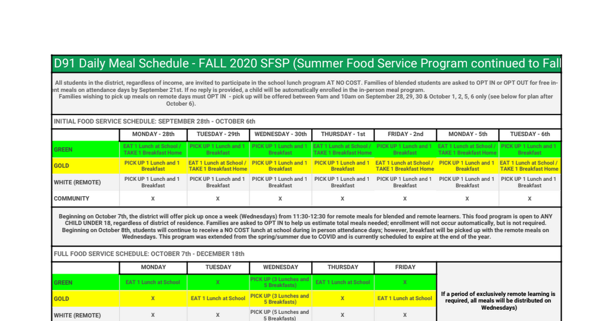 FALL 2020 D91 Meal Program