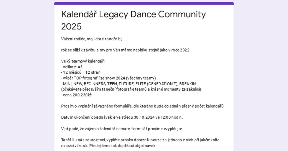 Kalendář Legacy Dance Community 2025