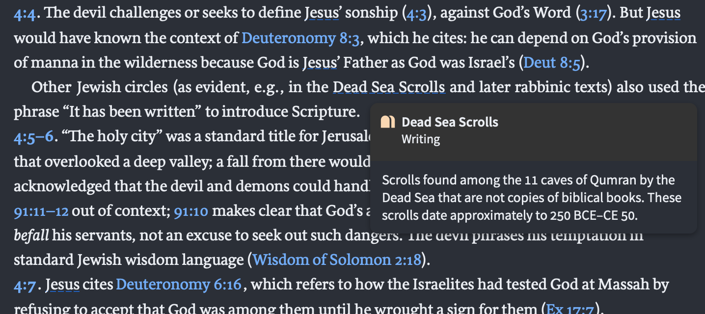 Scripture passage with Factbook visual filter turned on in Logos 