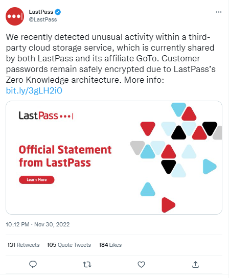 LastPass Twitter post about data breach