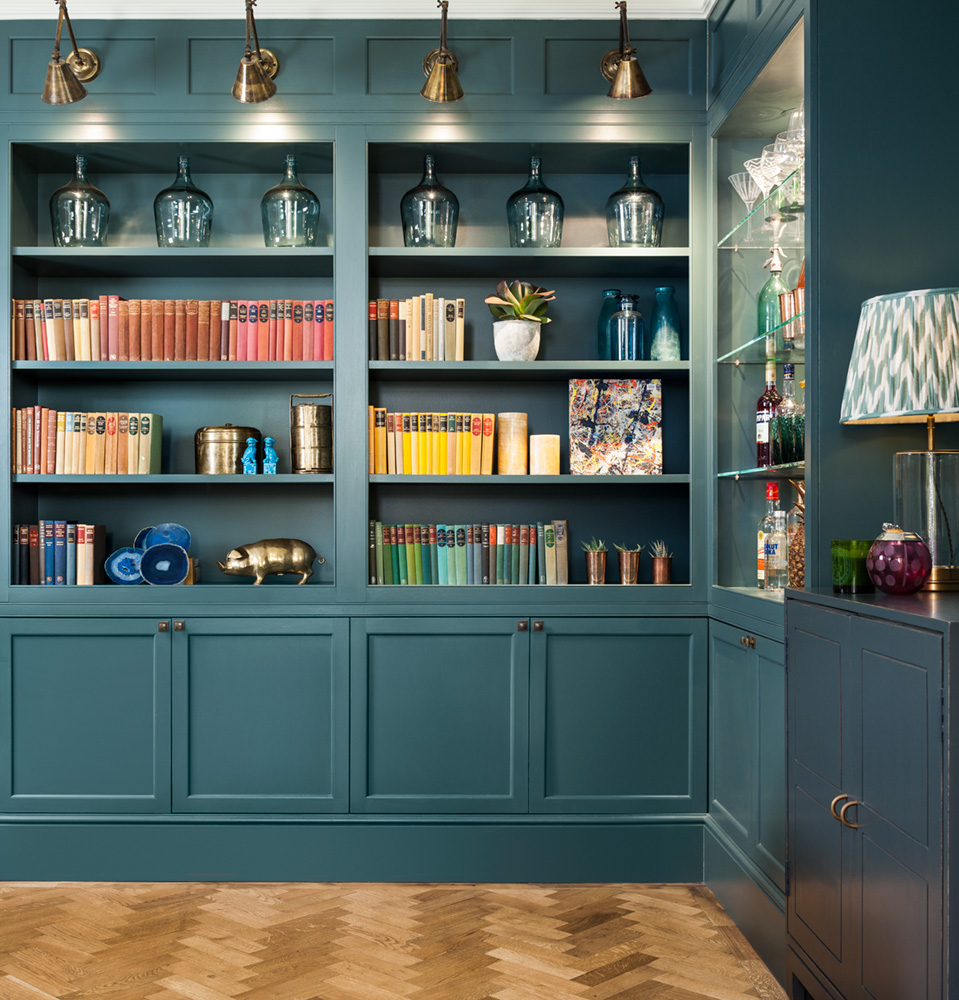 Living room with carpentry painted in Inchyra Blue and herringbone flooring
