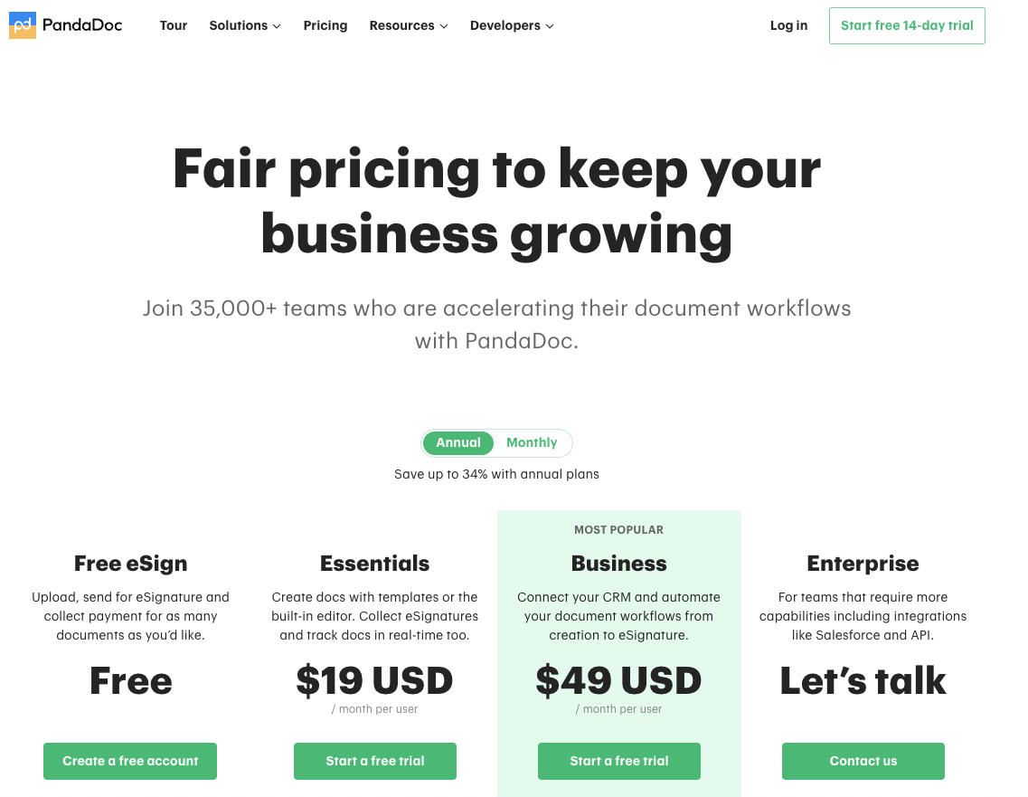 PandaDoc pricing page that shows their hybrid product-led growth model. They use both a Freemium Model and a Time-Based Free Trial.