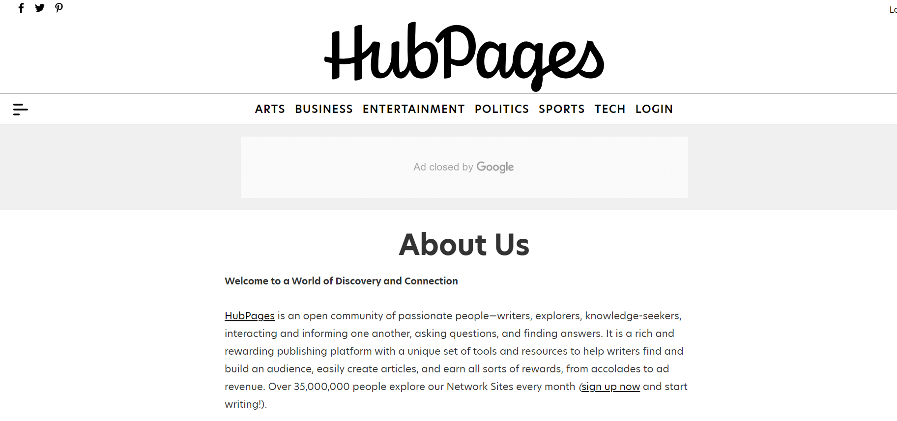 HubPages About Us webpage