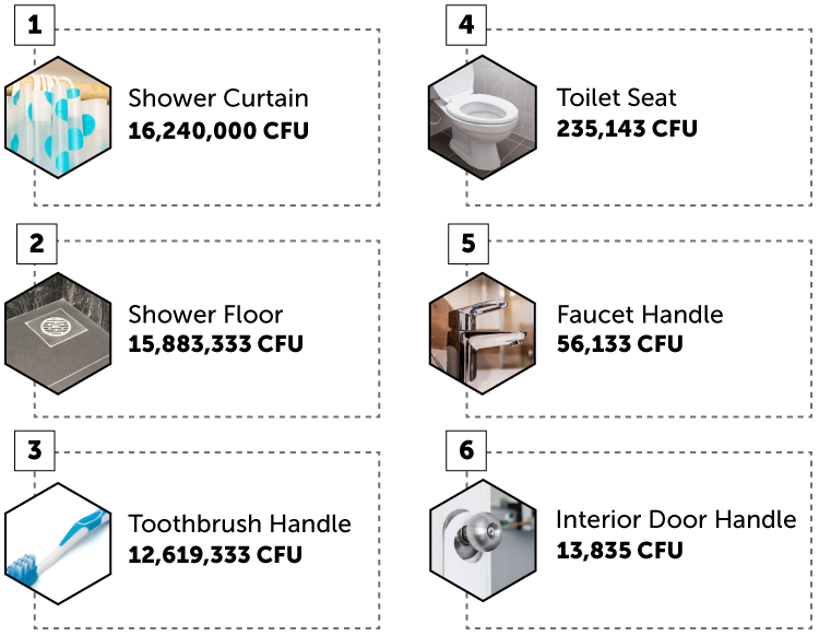 Infograph of the CFU bacteria counts on surfaces in the bathroom