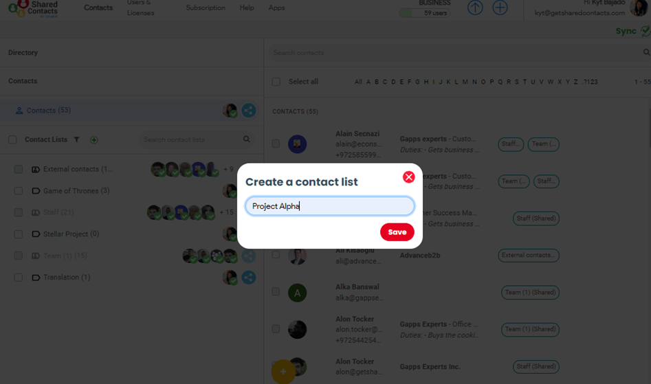 Shared Contacts for Gmailによるメールグループの作成、連絡先リスト画面の作成