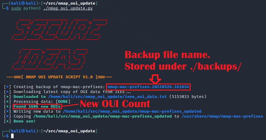 Screenshot of the nmap_oui_update.py script running.