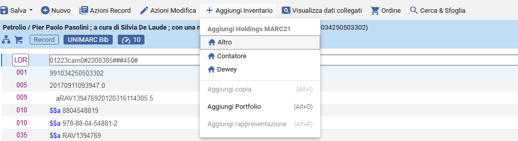 Aggiungi holding dal metadata editor