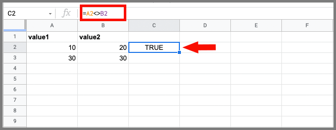 Does not equal google sheets example