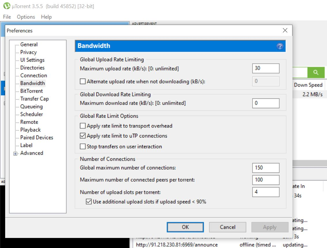 uTorrent bandwidth settings screen