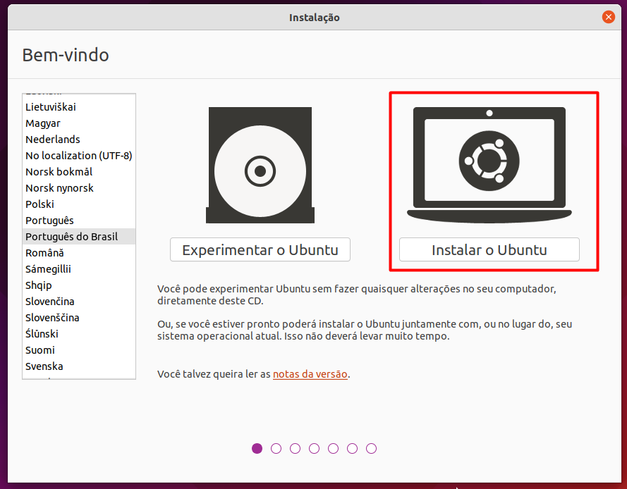 Clicando em "Instalar o Ubuntu"