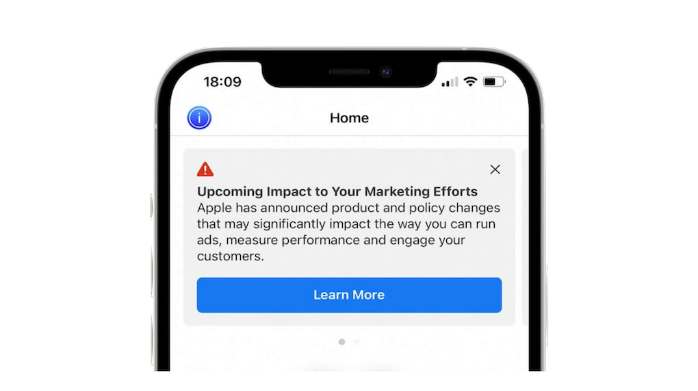 Apple iOS 14 updates showing a warning about the upcoming impact on marketing efforts