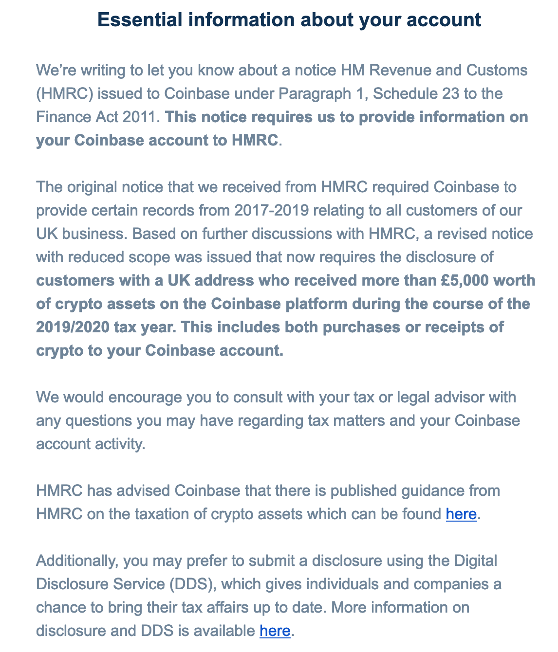 A notice Coinbase sent out in 2020 to its users’ subject to the crypto tax crackdown
