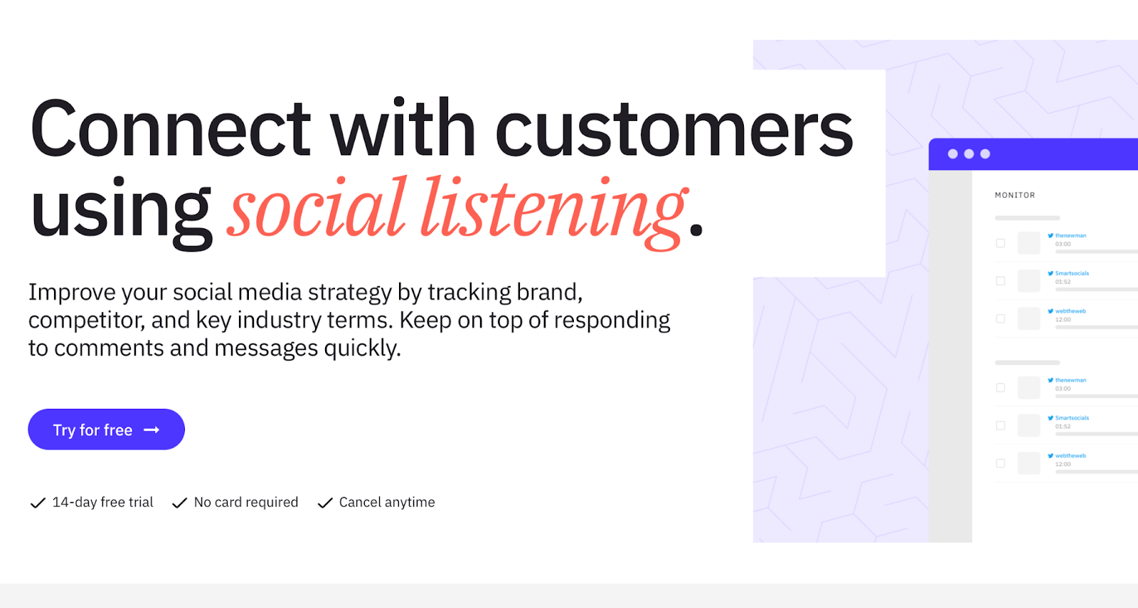 A section taken from a Sendible wepage. It shows how users can "Connect with customers using social listening". An image on the right side is an illustrated image of the platform's design. 