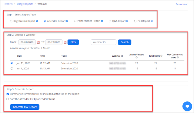 screenshot of webinar report options