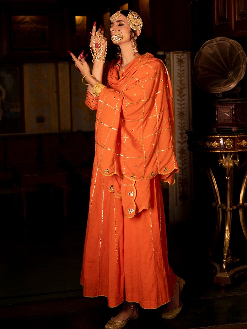 the loom - Orange Gota Cotton Kalidar Suit