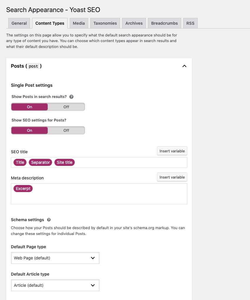 Tipos de conteúdo Yoast