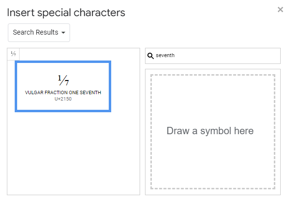 searching for one-seventh symbol in special characters in google docs