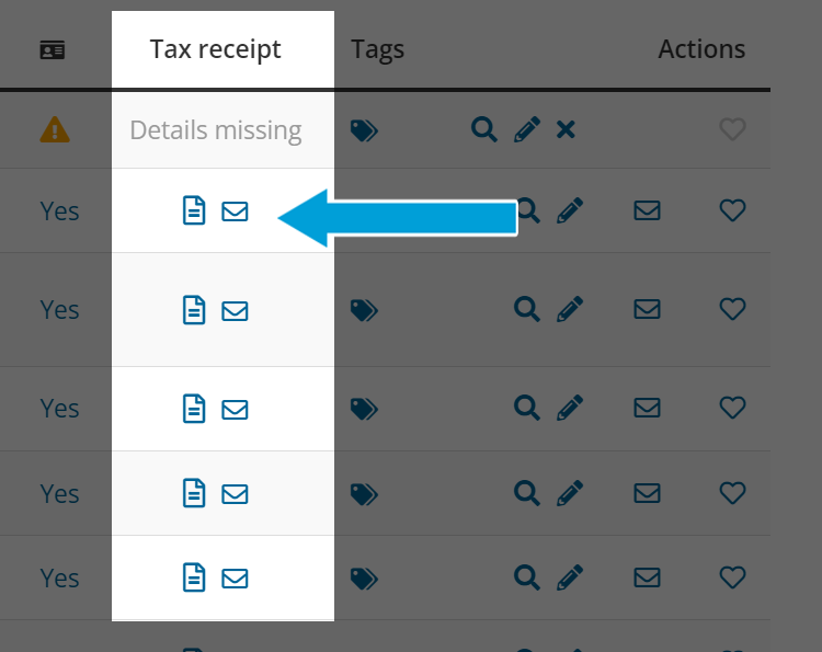 Screenshot of transactions list with 'tax receipt' column highlighted