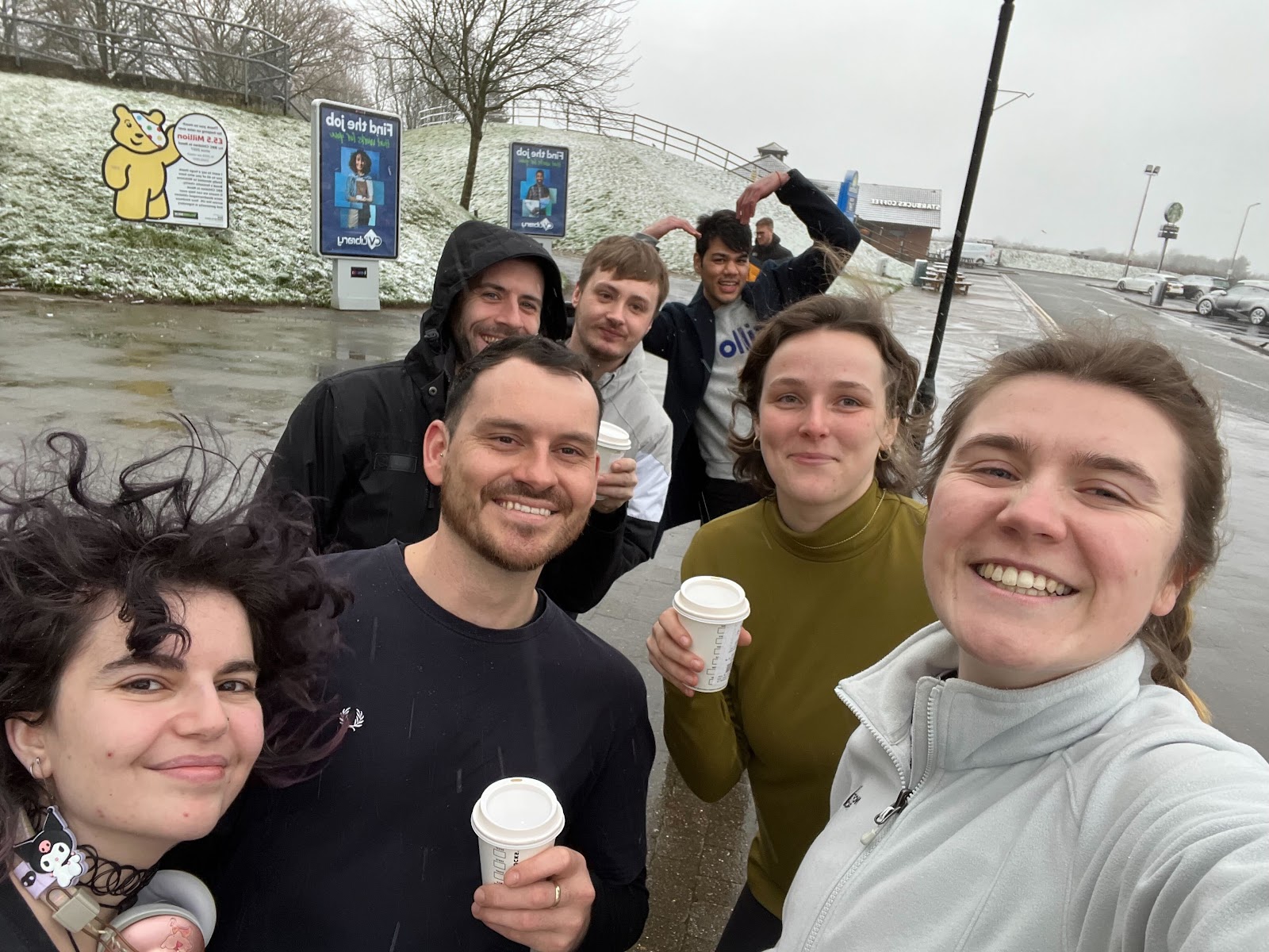 Some of the Tillo team grabbing coffee before their tree planting 