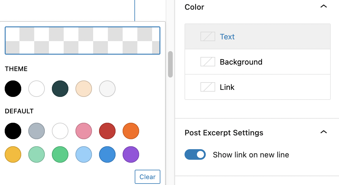 Color settings in the Post Excerpt block