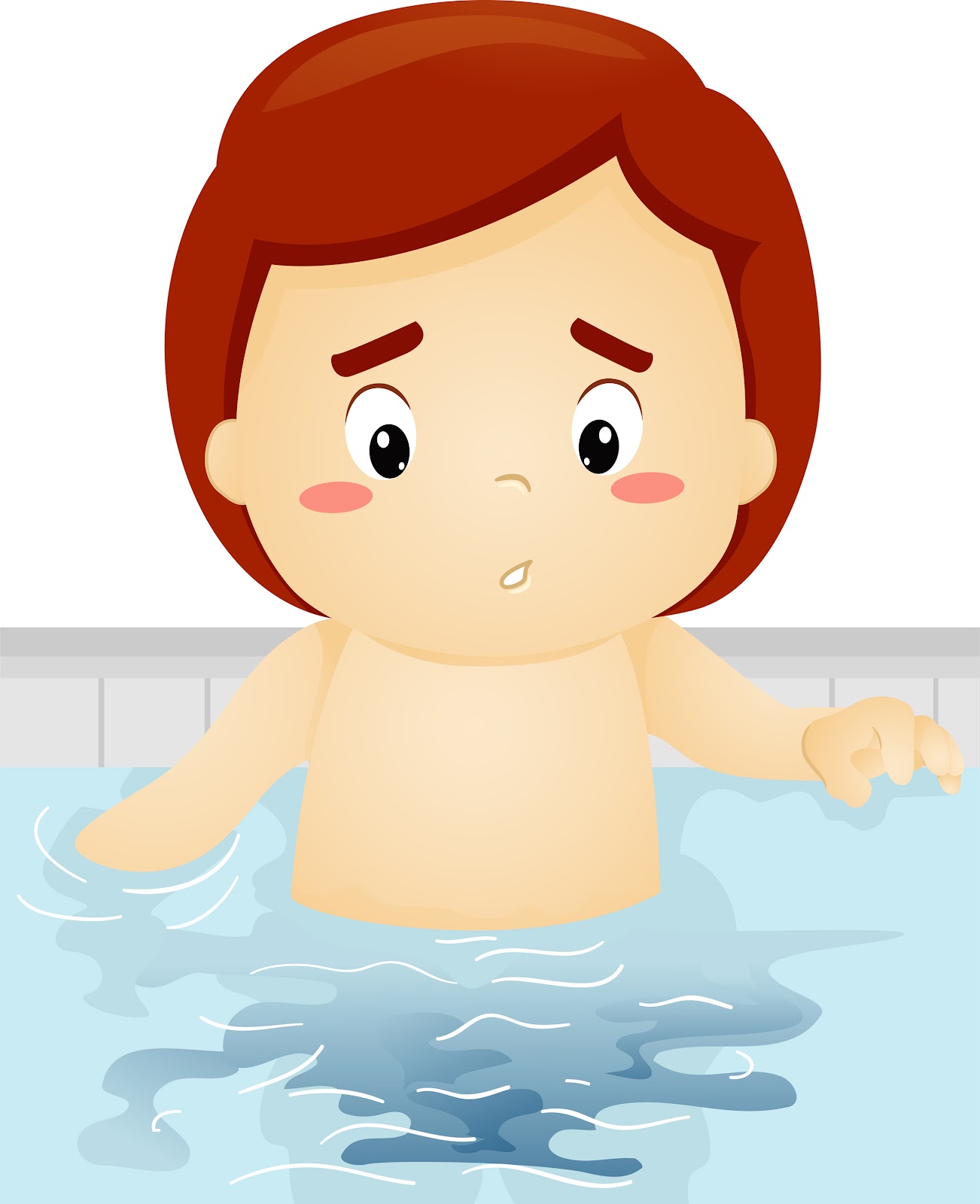 an animated image of a child looking nervous while peeing in a pool