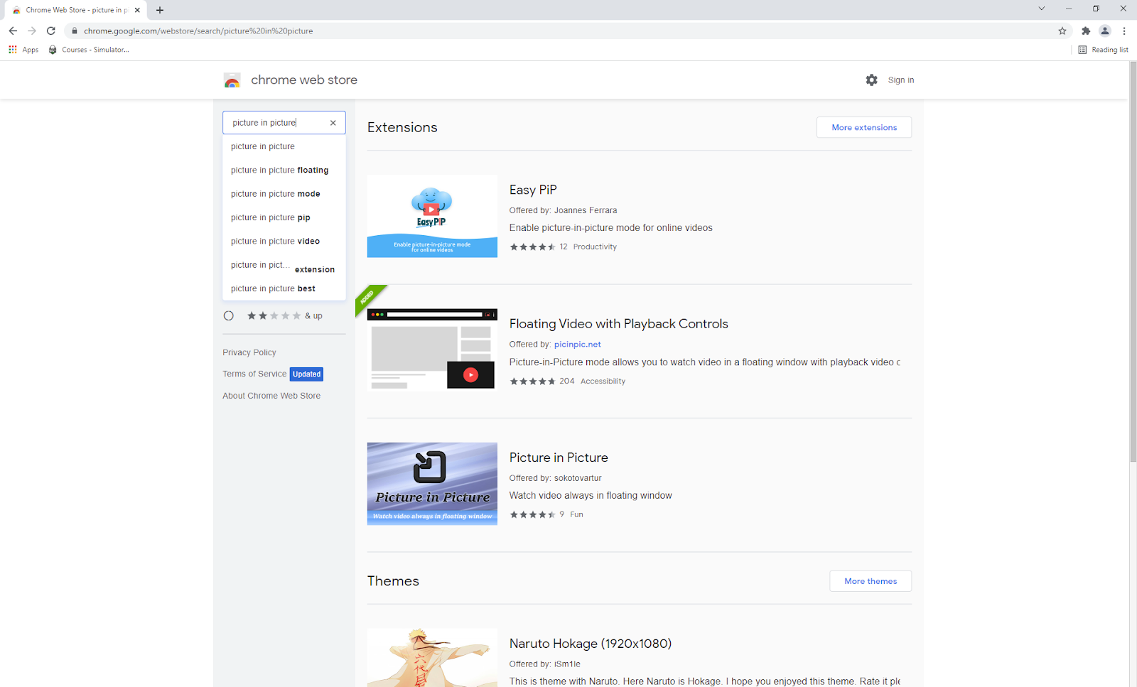 Screenshot of Chrome Web Store extensions