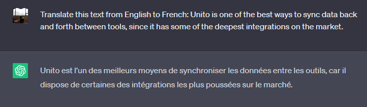 A screenshot showing ChatGPT translating text from English to French.